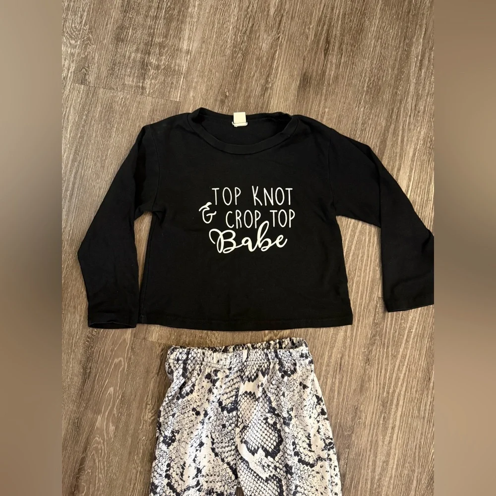 Trendy Black and Snake Print Flared Bell Pants  with Long Sleeve Crop Kids Set